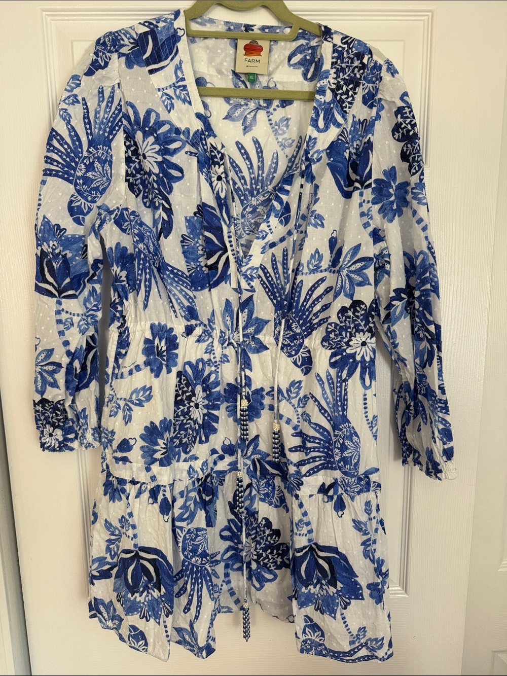 FARM Rio White Mini Dress with Bold Blue Floral Print-worn once!